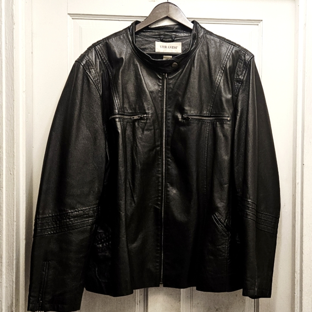 Veranesi Black Genuine Leather Jacket, Zip Front, Plus Size-See Measurements